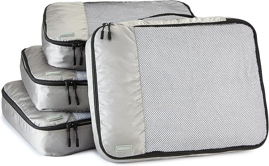 Amazon Essentials 4-Piece Packing Cubes Travel Accessories Set, Luggage Organizer with Double Zipper, Mesh Top, 100% Polyester, Large, Gray (Previously Amazon Basics)