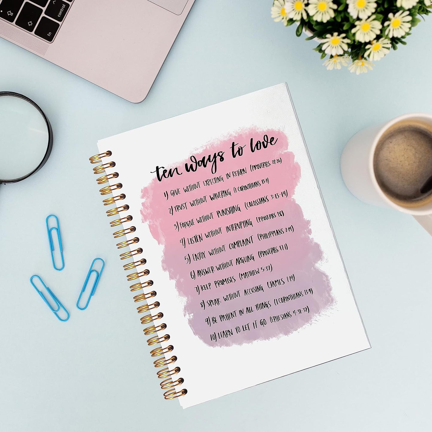 VNWEK Ten Ways to Love Inspirational Bible Verse Scripture Pink Spiral Notebook Journal 5.5 x 8.3 inches,Christian Lined Hardcover Spiral Notebook,Christian Gifts for Women Teen Girls