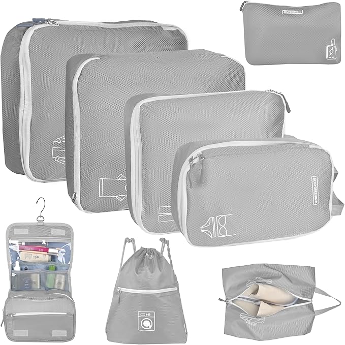 8 Set Expandable Compression Packing Cubes for Suitcases Travel Essentials Carry On Waterproof Storage Bag With Dry And Wet Separation Grey
