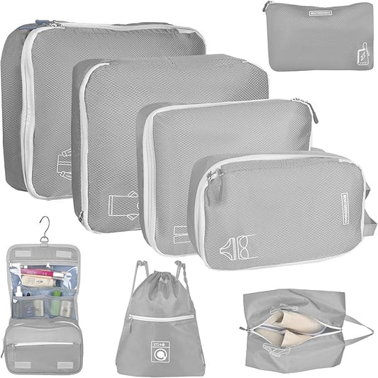 8 Set Expandable Compression Packing Cubes for Suitcases Travel Essentials Carry On Waterproof Storage Bag With Dry And Wet Separation Grey