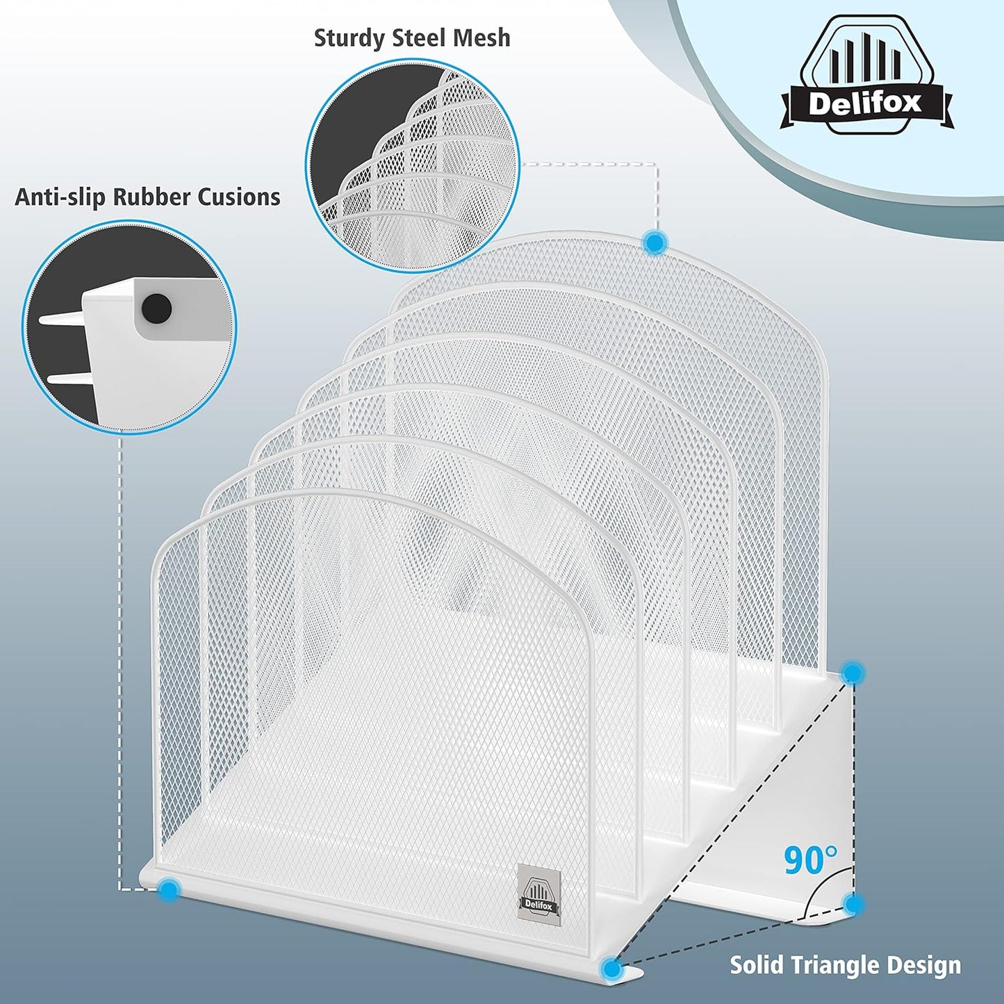 Inclined Desk File Organizer, 5-Section Vertical File Folder Holder Stand Metal Rack File Sorter for Office Classroom Desktop Organization (White, 1Pack)