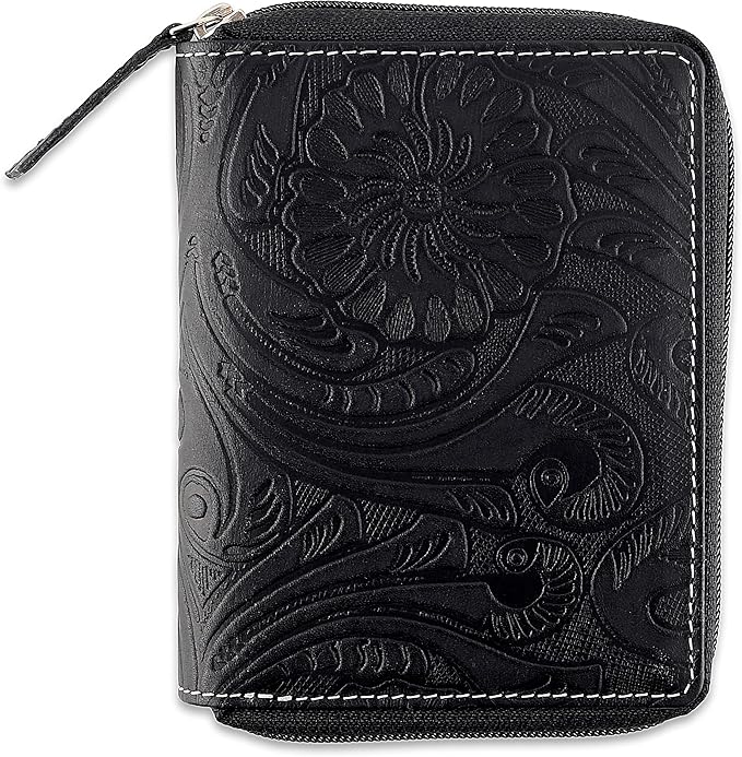 Passport Wallet - Travel Document Holder w/RFID Blocking – Full Grain Leather – Bifold compact zip around Wallet with Credit Card Slots for Women and Men, black floral,500-40