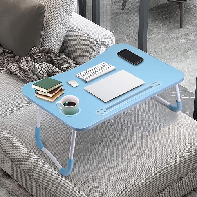 Slendor Lap Desk with Cup Holder, Foldable Laptop Table for Bed, Portable Bed Desk for Laptop and Writing, Computer Tray with Tablet Slot, Notebook Stand Reading Holder for Couch Sofa Floor,Blue