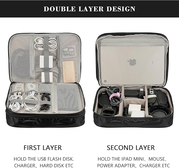 Electronics Accessories Organizer Bag, Waterproof Double Layer Travel Cable Organizer Case for Cords, Charger, Power Bank, Hard Drive, Mouse – Shockproof Tech Storage Pouch for Travel & Home (Black)
