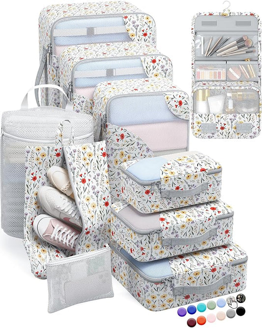 ALL INCLUDED 10 Set Durable Packing Cubes for Suitcases,OlarHike Essentials for Travel,UPGRADED Anti-Tear Stitching, NEW Improved Luggage Packing Organizers for Travel Accessories (Flower)