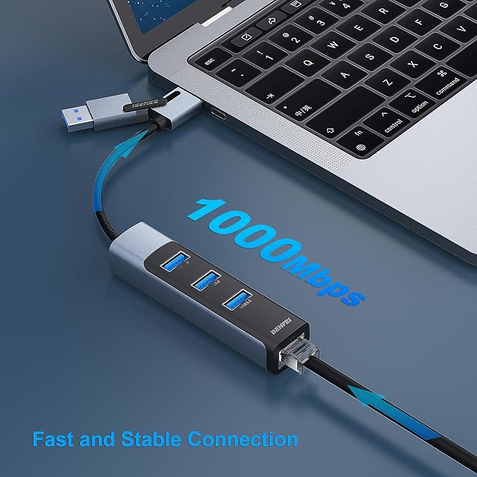 BENFEI 2in1 USB-C/USB 3.0 to Ethernet Adapter with 3*USB 3.0 Ports Compatible for iPhone 15 Series, MacBook Pro/Air 2023/2022/2021/2020/2019 and More