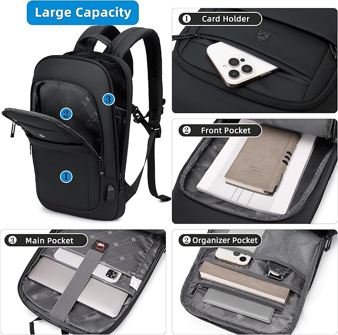 Caoroky knight Backpack Laptop Men 15.6 inch Slim Work Business Backpacks with USB Charging Port Mens Travel Bag Bookbag (Black, Medium)