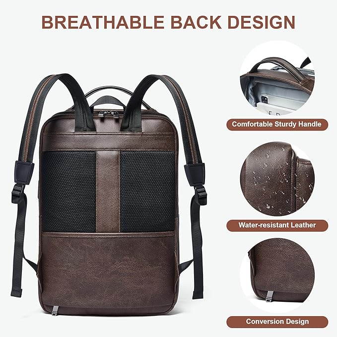 Shrrie Leather Laptop Backpack for Women and Men,28 L Travel Backpack Computer Bag Fits 16 inch Laptop,Expandable Casual Daypack with USB Charging Port for Work Business Weekender College,Coffee