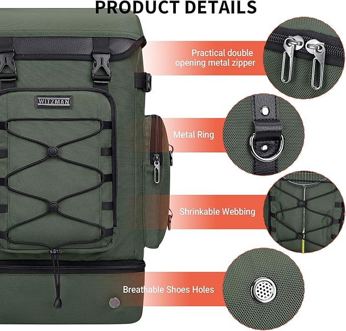 WITZMAN Travel Backpack for Men Women Carry on Bags for Airline Approved Convertible Duffle Luggage Backpack Shoe Compartment（B691 Light Green）