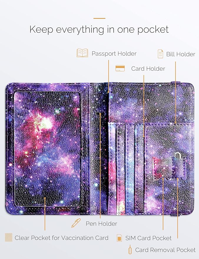 Mymazn RFID Passport Holder Women Passport and Vaccine Card Wallet Combo Passport Case with RFID Blocking Passport Cover with Clear Pocket Passport Wallet for Vaccination Card Holder (Starry)