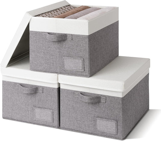 GRANNY SAYS Storage Bins with Lids, Linen Closet Storage Boxes, Collapsibe Storage Bins for Clothes, Storage Containers with Label Holder, 3-Pack, Gray&Ivory