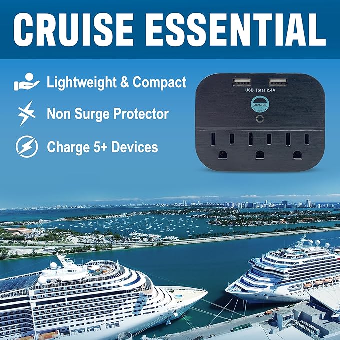 Cruise Approved Power Strip - Non Surge Protector Travel Power Strip with 2 USB Outlets - Cruise Ship Essentials 2025 & 2026 for Carnival, Princess, Norwegian, Holland America, MSC & Major Lines
