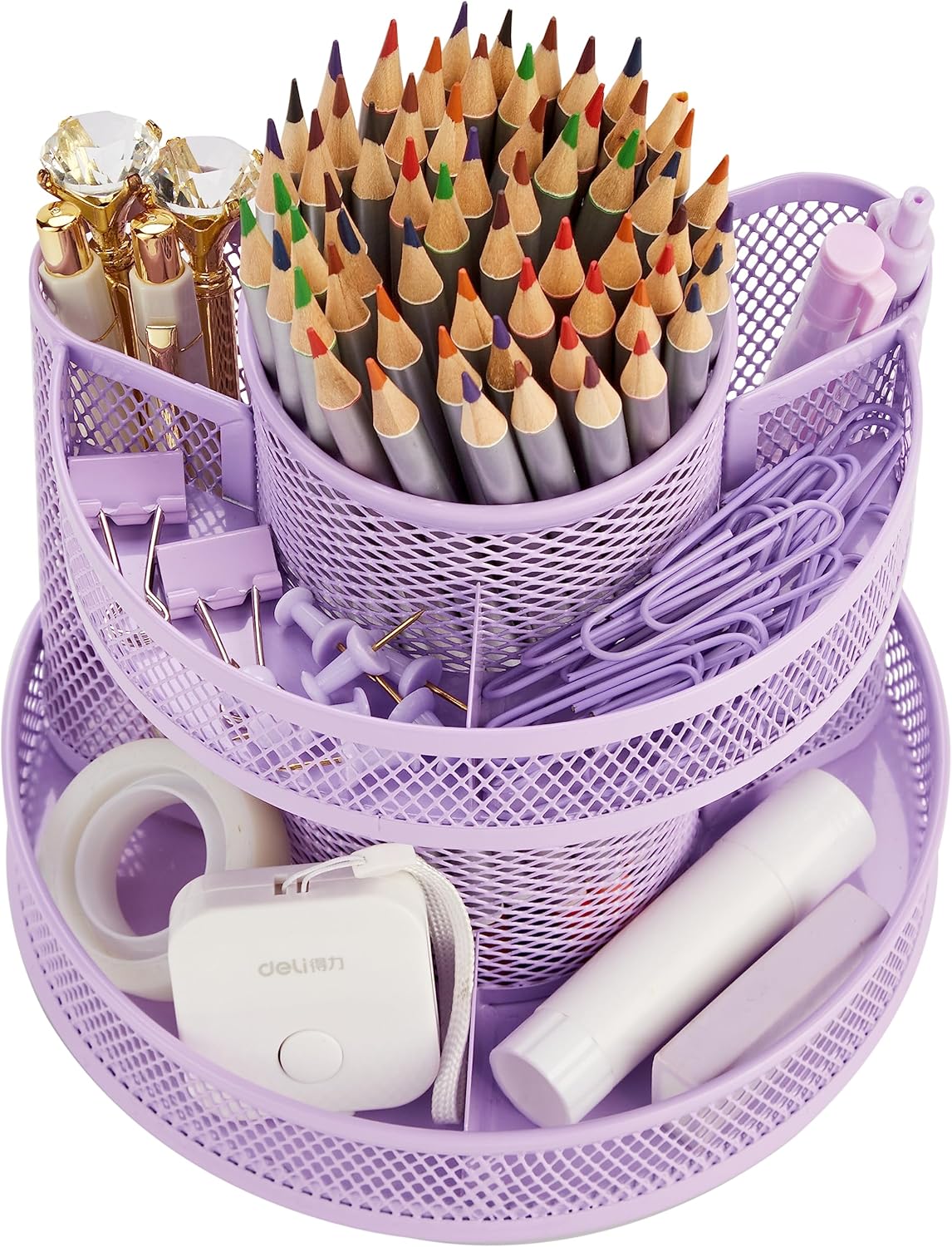 Annova Mesh Desk Organizer Rotate with 5 Compartments Round Spinning Tidy Candy/Pen Holder Desk Accessories Office, Art Supply, Storage, Classroom, Home (Light Purple)