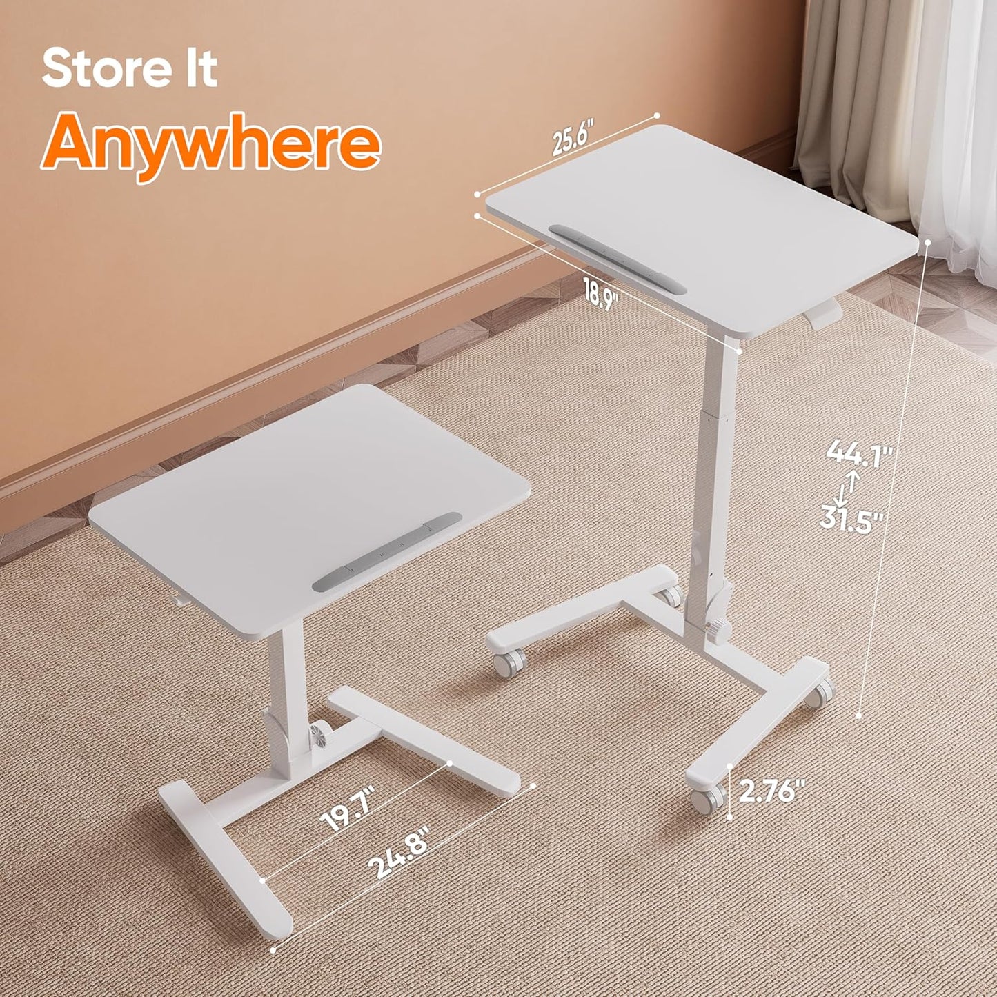 Monomi Mobile Folding Desk 25 Inch, Small Sit-Stand Height Adjustable Rolling Laptop Desk, Space-Saving Portable Desk with Wheels for Home Office Craft & Study, White