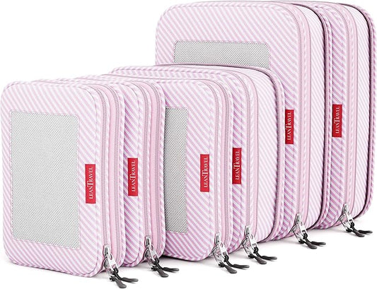 LeanTravel Compression Packing Cubes for Travel Organizers with Double Zipper (6-Pack (2L+2M+2S), Pink Stripes)