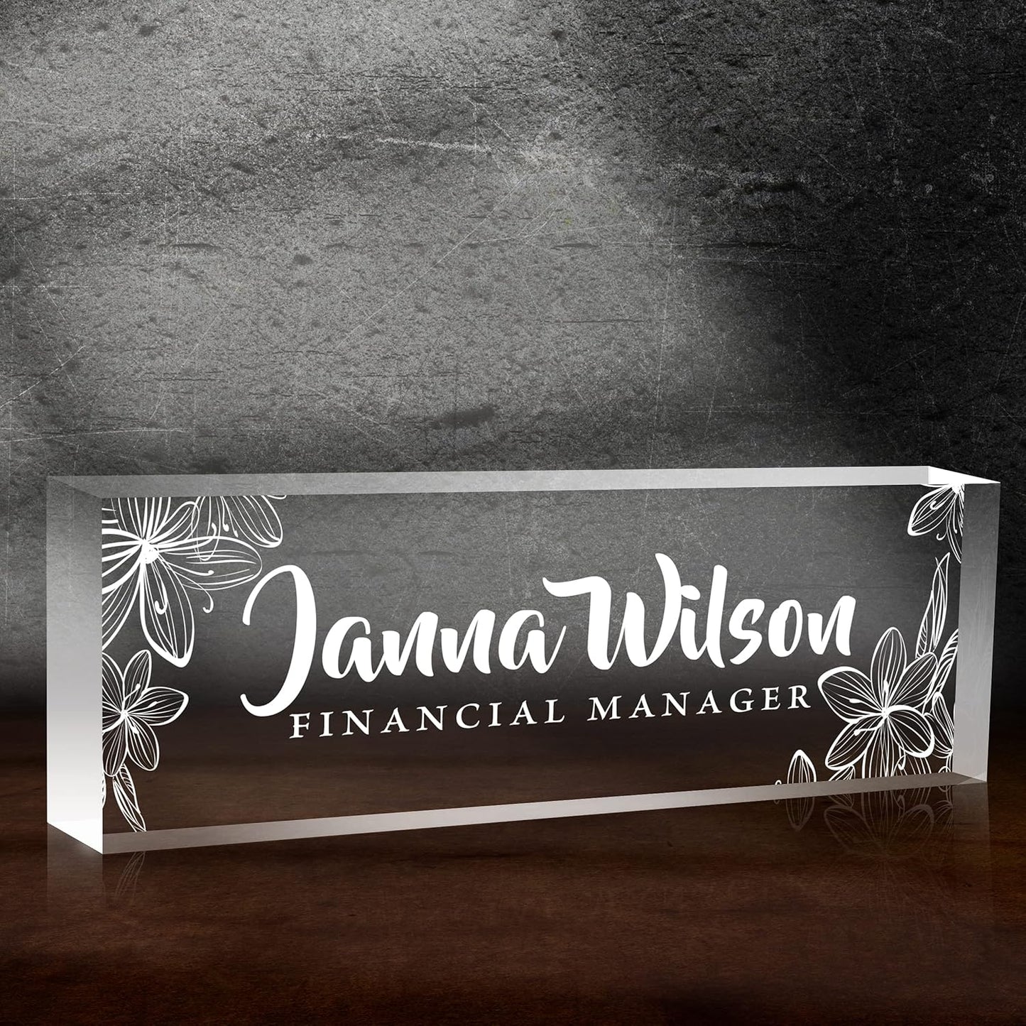 Name Plate for Desk, Premium Clear Plates Engraved Acrylic Desk Name Plate, Desk Name Plate Personalized, Custom Office Decor for Women or Men Coworkers, Boss, Employee, Teacher (Engraved 1)