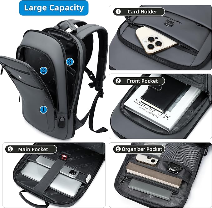 Caoroky knight Backpack Laptop Men 15.6 inch Slim Work Business Backpacks with USB Charging Port Mens Travel Bag Bookbag (Grey-1, Large)