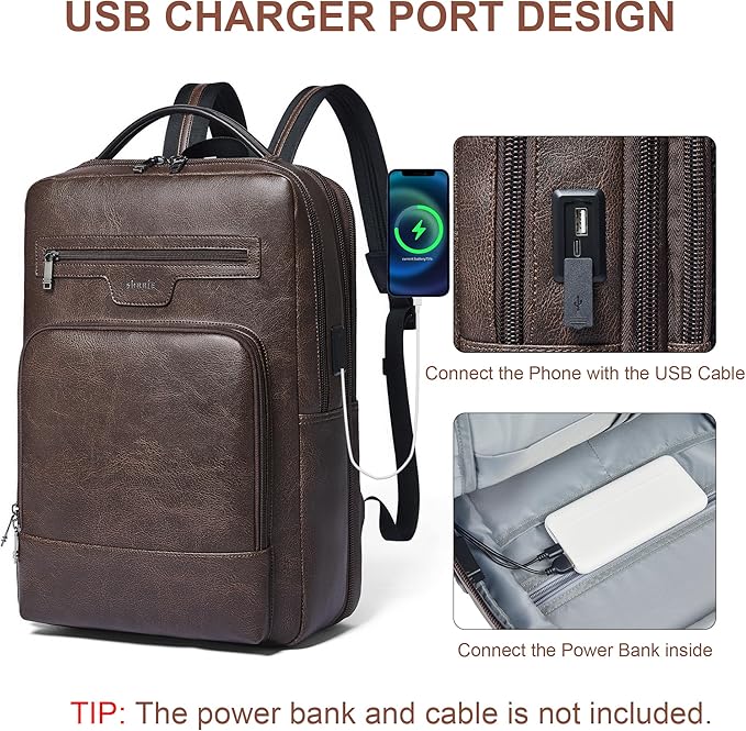 Shrrie Leather Laptop Backpack for Women and Men,28 L Travel Backpack Computer Bag Fits 16 inch Laptop,Expandable Casual Daypack with USB Charging Port for Work Business Weekender College,Coffee