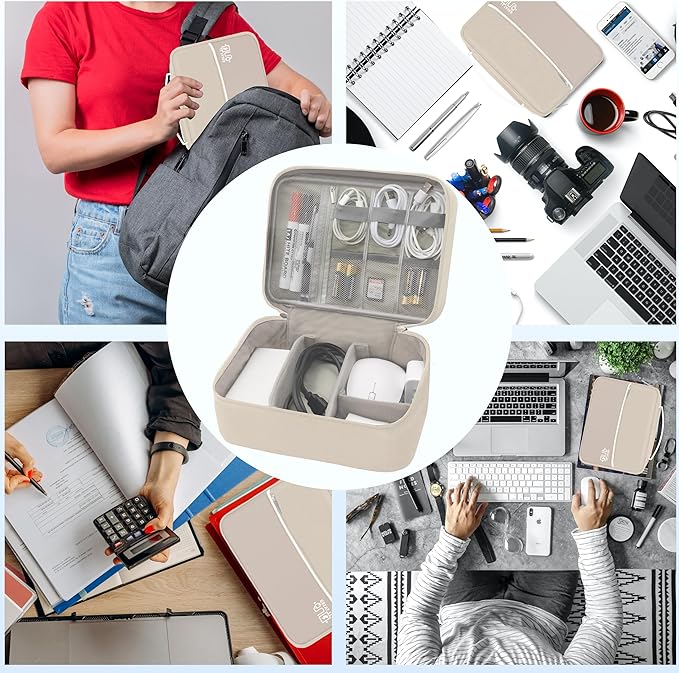 Electronics Organizer,Travel Cord Organizer Pouch, Portable Cable Organizer Bags, Waterproof Electronic Accessories Storage Case for Cables, Cords, Charger, Phone (Double Layer-Beige)