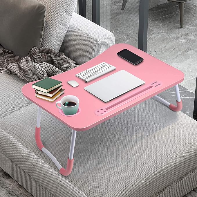 Slendor Lap Desk with Cup Holder, Foldable Laptop Table for Bed, Portable Bed Desk for Laptop and Writing, Computer Tray with Tablet Slot, Notebook Stand Reading Holder for Couch Sofa Floor,Pink