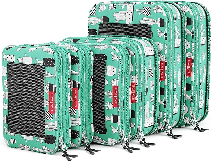 LeanTravel Compression Packing Cubes for Travel Organizers with Double Zipper (6-Pack (2L+2M+2S), Green Cactus)