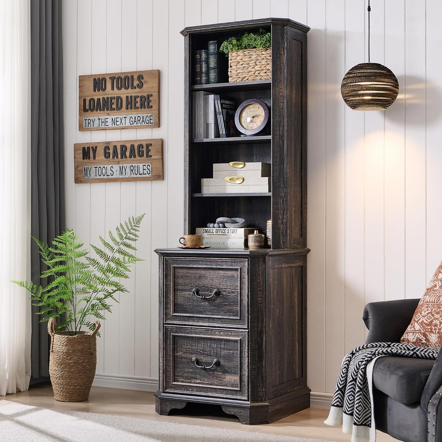 T4TREAM 6-Tier Bookcase with 2 File Drawers, 72" Tall Farmhouse Bookshelf with Storage & Adjustable Shelves, Wooden Floor Standing Display Book Shelf Organizer for Home Office, Dark Rustic Oak