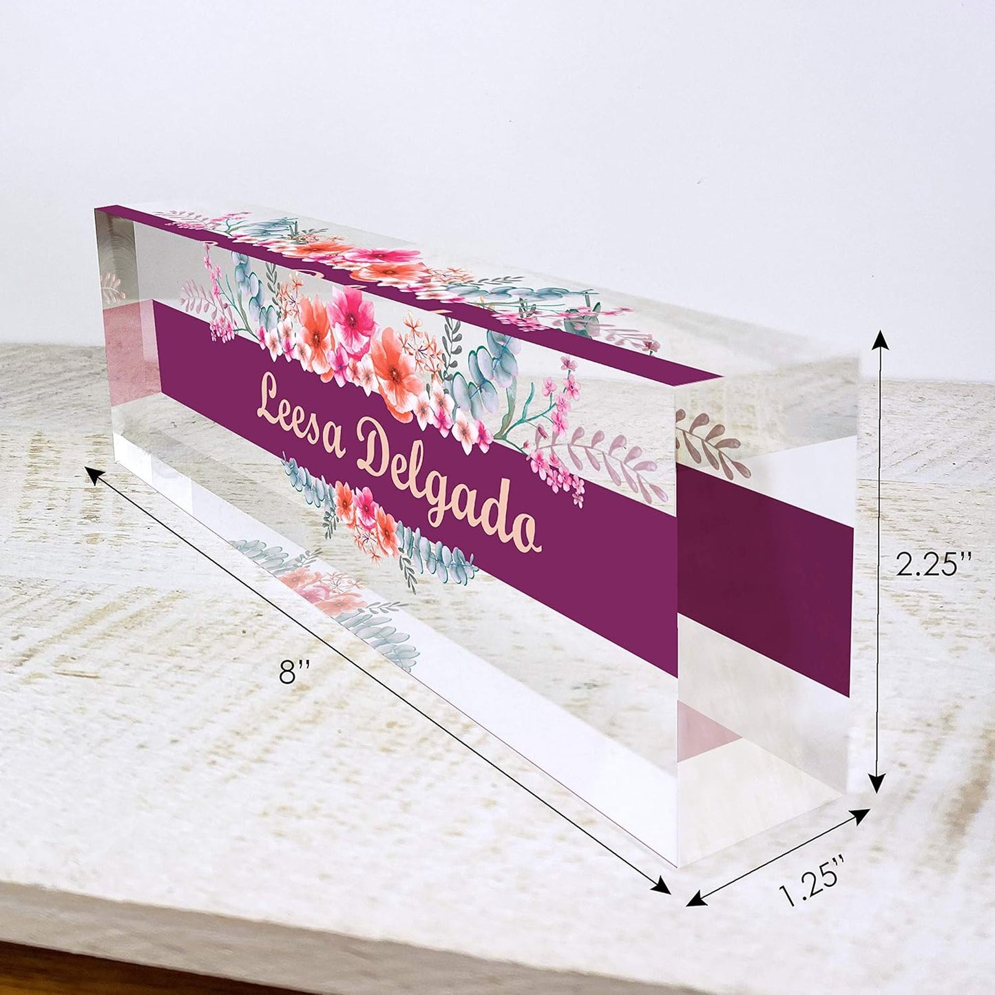 Artblox Office Desk Name Plate Personalized | Custom Name Plates for Desks | Wild Flowers Design On Clear Acrylic Glass | Office Desk Decor - (8" x 2.5")