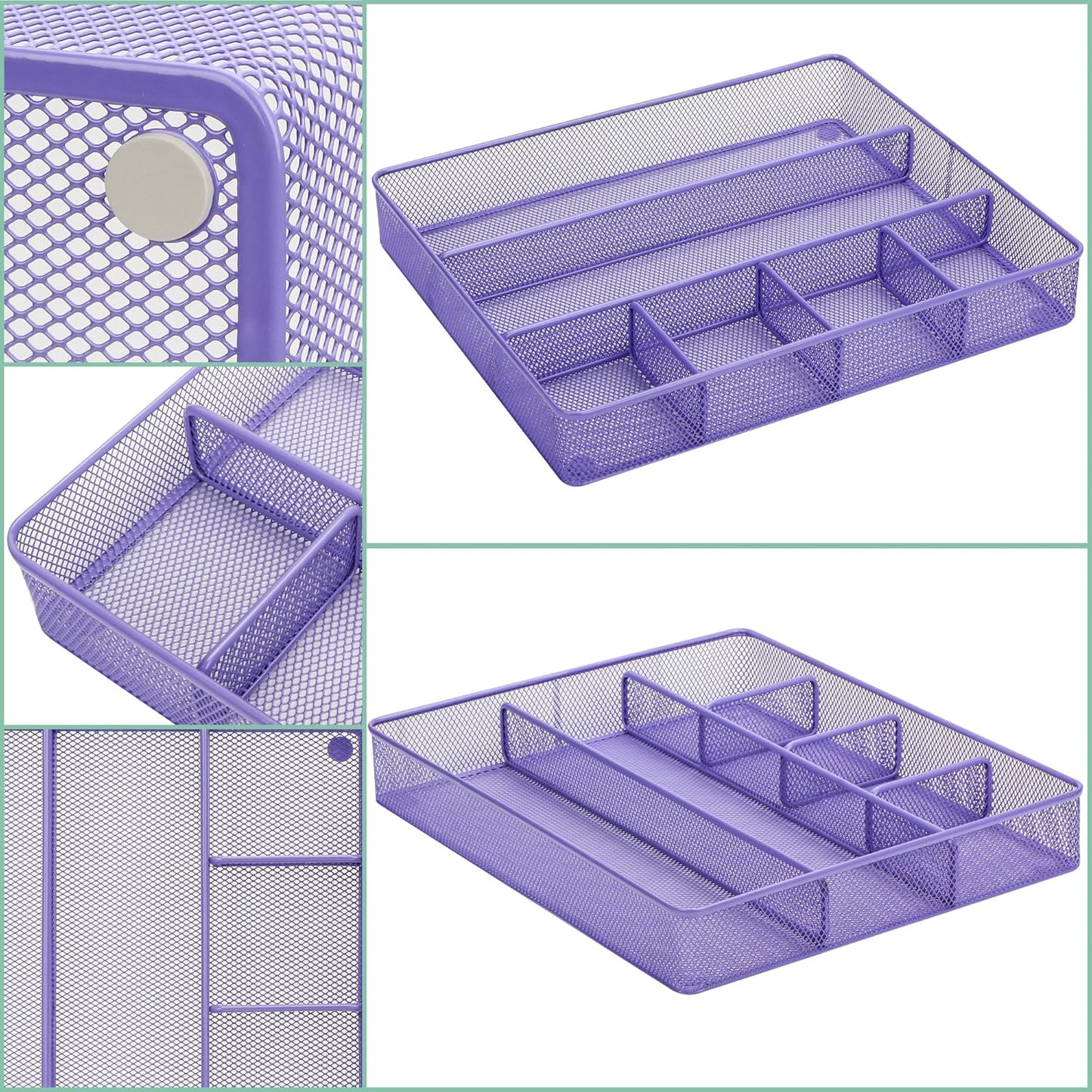 Annova Desk Top Organizer Tray for Office Organization - Metal Mesh - Storage Tray with Dividers for Pens, Desktop Accessories, Bathroom, Kitchen, Makeup and Office Supplies (Large, Purple)
