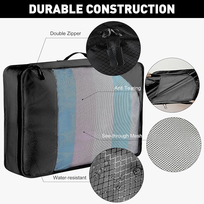 8-Piece Packing Cubes for Travel, Mesh Luggage Organizers with Shoe Bag, Toiletry Bag, Laundry Pouches, 4 Sizes (XL/L/M/S) for Suitcase Organization, Men Women Kids, Black