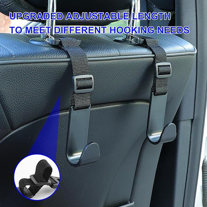 Amooca Headrest Hooks for Car Adjustable 4 Pack Vehicle Seat Back Organizer Storage Hanger Holder for Purse Bags Universal Fit with Clip Black