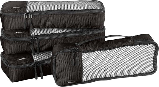 Amazon Essentials 4-Piece Packing Cubes Travel Accessories Set, Luggage Organizer with Double Zipper, Mesh Top, 100% Polyester, Slim, Black (Previously Amazon Basics)