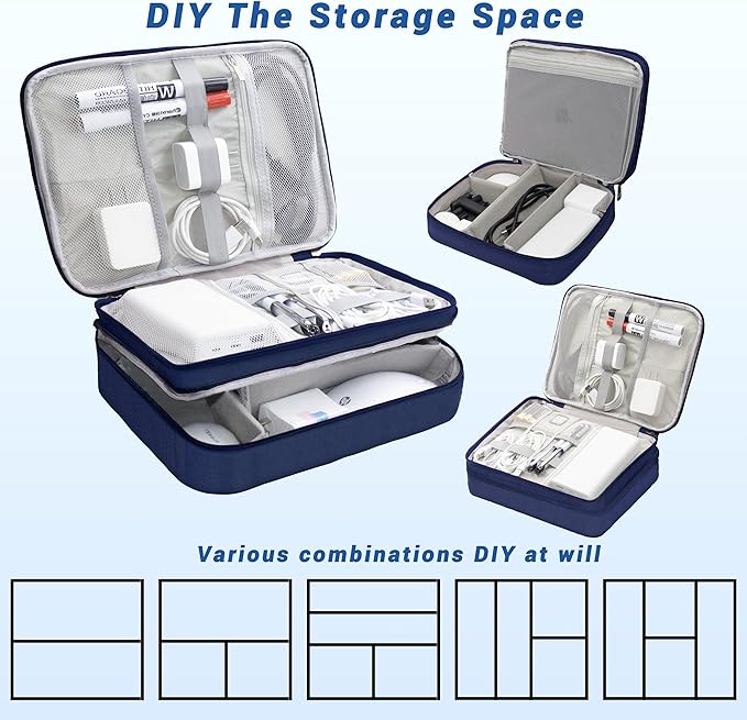 Electronics Organizer,Travel Cord Organizer Pouch, Portable Cable Organizer Bags, Waterproof Electronic Accessories Storage Case for Cables, Cords, Charger, Phone (Three Layer-NavyBlue)