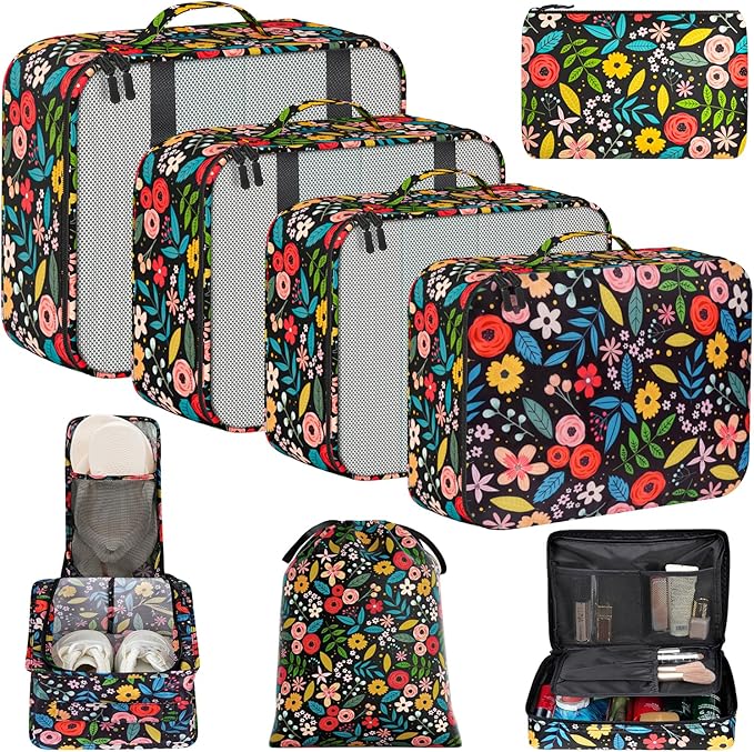 BAGAIL 8 Set Packing Cubes Luggage Packing Organizer Bags for Travel Accessories-Black Floral