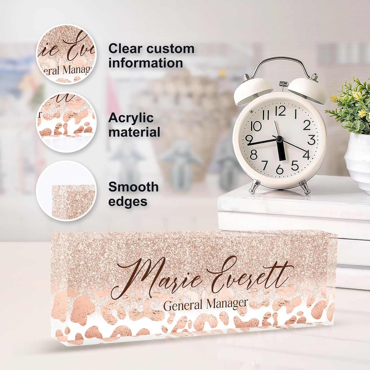 Custom Name Plate for Desk | Personalized Desk Name Plate | Personalized Boss Employee Appreciation Gifts | Acrylic Name Plate Office Desk Accessories (A-Rose Gold Leopard Print)