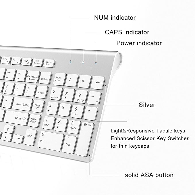JOYACCESS J Wireless Keyboard, 2.4G Slim and Compact Wireless Keyboard with Numeric Keypad for Laptop, MacBook air, Apple, Computer, PC-Sliver&White