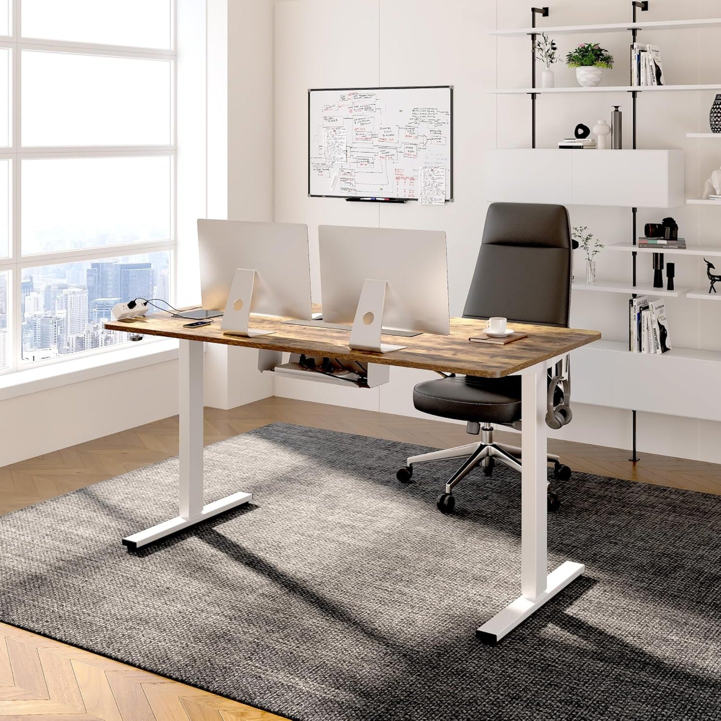FLEXISPOT EN2 Whole-Piece Standing Desk with Clamp Power Strip, 48 x 30 Electric Stand Up Height Adjustable Desk with Cable Management (White Frame + 48" Rustic Brown Desktop, 2 Packages)