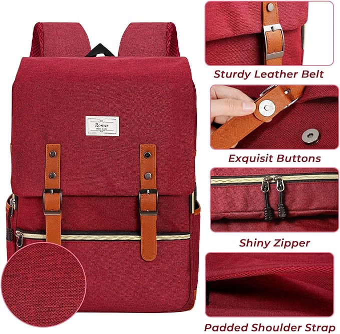 Ronyes Vintage Laptop Backpack for Women Men,15.6 inch Bookbag Casual Daypack with USB Charging Port for College Work, Red Backpacks