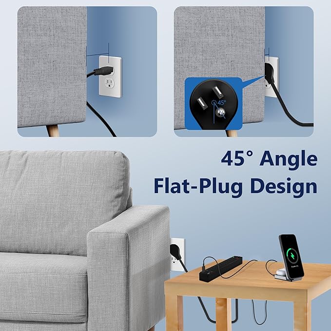 LIDER PD 36W Surge Protected Outlet Extender with 4-Outlet Power Strip, 1 USB Type-A and 1 Type-C Port, 5ft, Up to 1500J, LED Indicator, ON/Off Switch, Flat-Plug, 45-Degree Angle, UL-Listed, Black