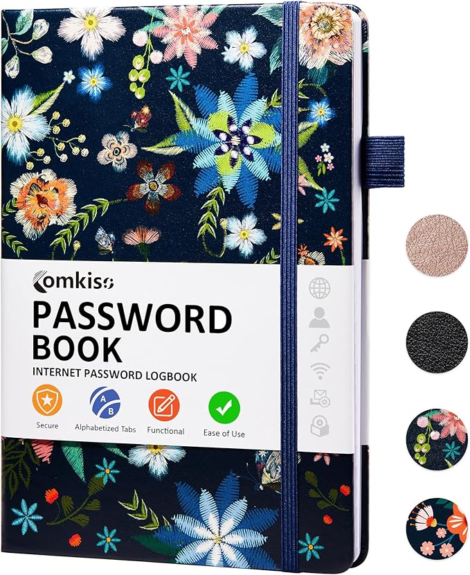 Password Book with Individual Alphabetical Tabs Laminated, Large Print Password Keeper Book for Seniors, A5 Hardcover Internet Password Log Book to Record Website Login Details - Bloom
