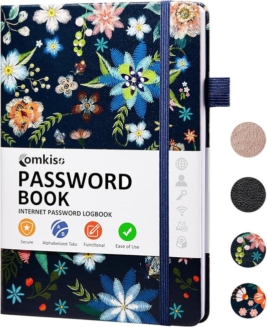 Password Book with Individual Alphabetical Tabs Laminated, Large Print Password Keeper Book for Seniors, A5 Hardcover Internet Password Log Book to Record Website Login Details - Bloom