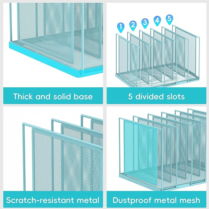 File Organizer for Desk, 5-Section Vertical File Sorter, Paper Holder Organizer Standing Metal File Folder for Office Home Classroom, Blue