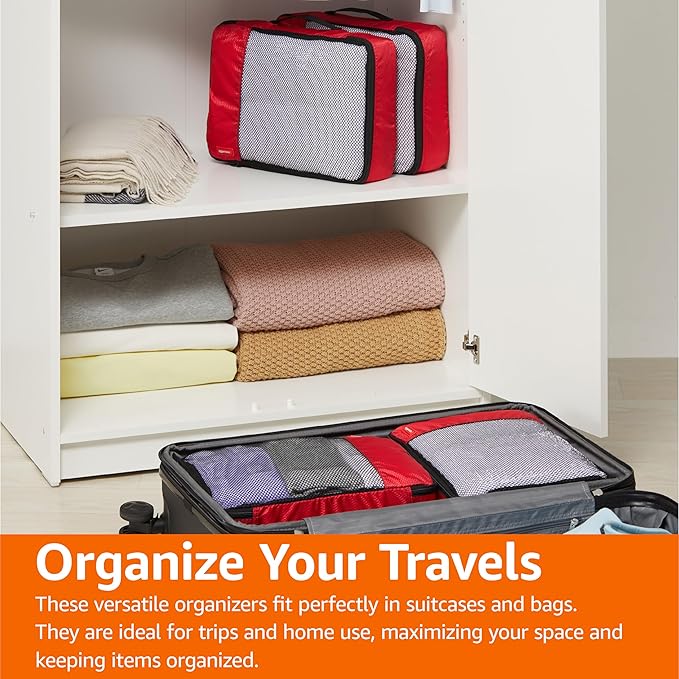 Amazon Essentials 4-Piece Packing Cubes Travel Accessories Set, Luggage Organizer with Double Zipper, Mesh Top, 100% Polyester, Medium, Red (Previously Amazon Basics)