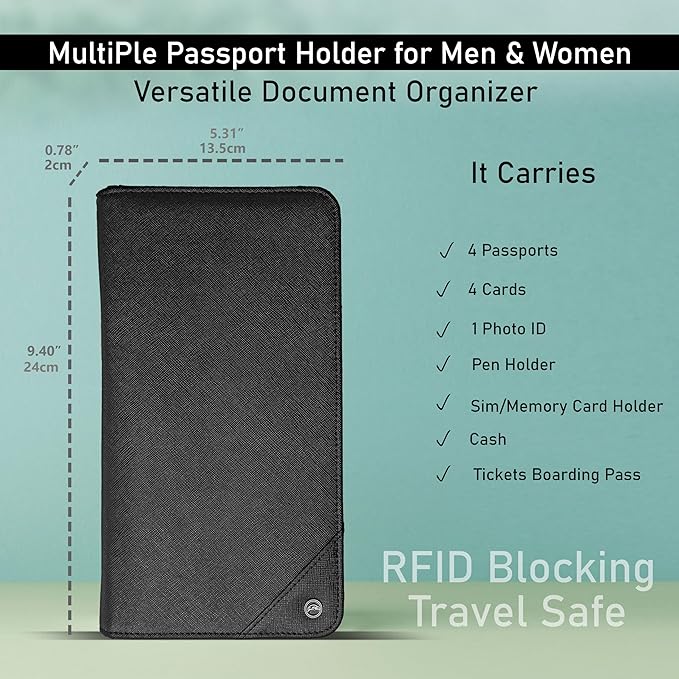 Family 4 Passport Holder - Travel Wallet RFID Blocking, Document Organizer, Essentials Plane Accessory Cover for Women Men (Black)