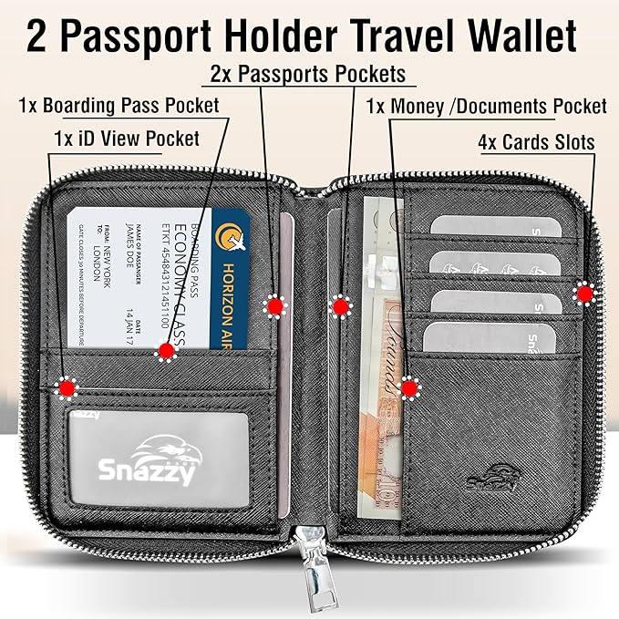 RFID Travel Wallet Passport Holder w/Zipper - Organizer Bag for Travel Documents – Safety Essentials Cover for Men Women