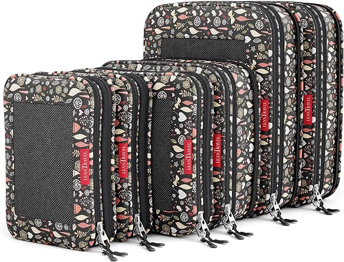 LeanTravel Compression Packing Cubes for Travel Organizers with Double Zipper (6-Pack (2L+2M+2S), Flowers & Leaves)