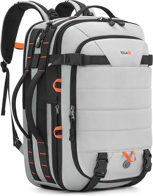 Tolaccea Carry on Travel Backpack, TSA Friendly Flight Approved Laptop Backpack Duffle Bag for Men Women with Dual Laptop Storage for 17.3", Expandable Business Rucksack 40L-50L Large - Grey