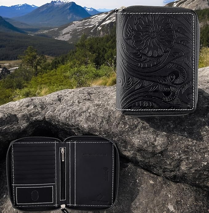 Passport Wallet - Travel Document Holder w/RFID Blocking – Full Grain Leather – Bifold compact zip around Wallet with Credit Card Slots for Women and Men, black floral,500-40