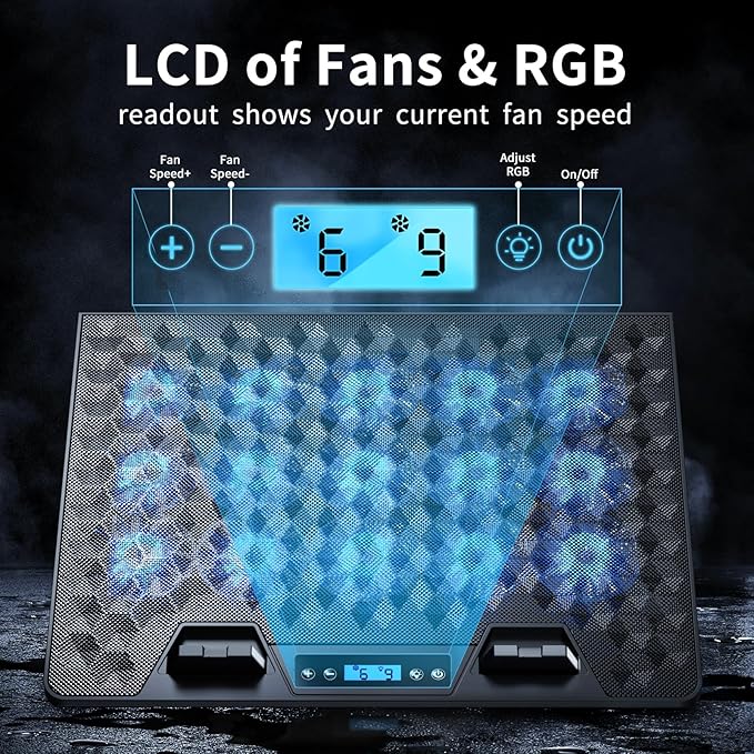 KeiBn Laptop Cooling Pad, Gaming Laptop Fan Cooling Pad with 15 Quiet Fans, RGB Laptop Cooler for 10-17.3 Inch, 4 Height Stands, 2 USB Ports - Blue