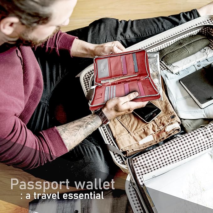 Family 4 Passport Holder - Travel Wallet RFID Blocking, Document Organizer, Essentials Plane Accessory Cover for Women Men (Red)