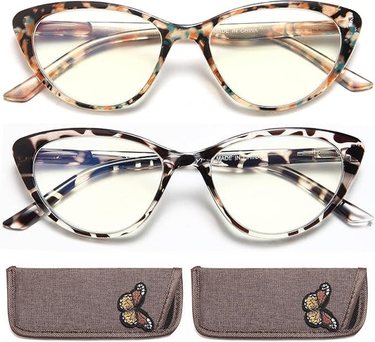 EYEURL Cat Eye Reading Glasses for Women -2 Pack of Blue Light Blocking Readers Spring Hinge Computer Eyeglass with Tortoise/Champagne Pattern Design Readers for women +2.25